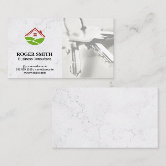Weißer Marmor | Haussymbol | Schlüssel Visitenkarte (Vorne/Hinten)