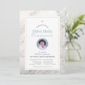Weißer Marmor Junge Foto Erste Heilige Kommune Einladung (Stehend Vorderseite)