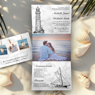 Weißer Marmor Leuchtturm Sailboat Schöne Hochzeit Dreifach Gefaltete Einladung