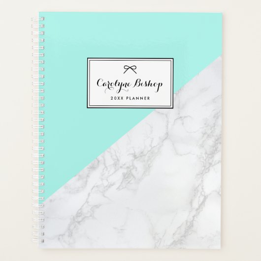 Weißer Marmor mit Aqua Accent Personalisiert Plann Planer (Vorderseite)