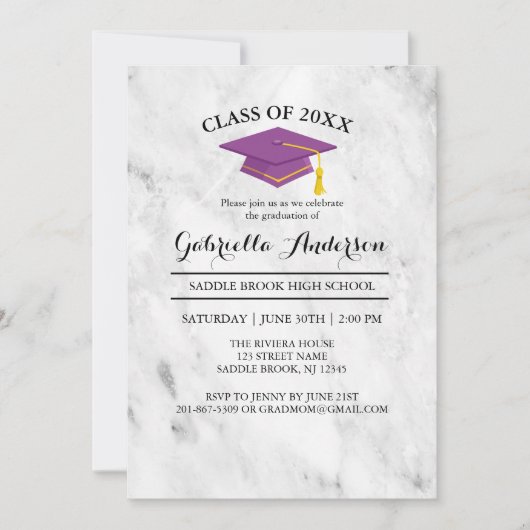 Weißer Marmor mit Lila Grad-Cap-Abschluss Einladung (Vorderseite)