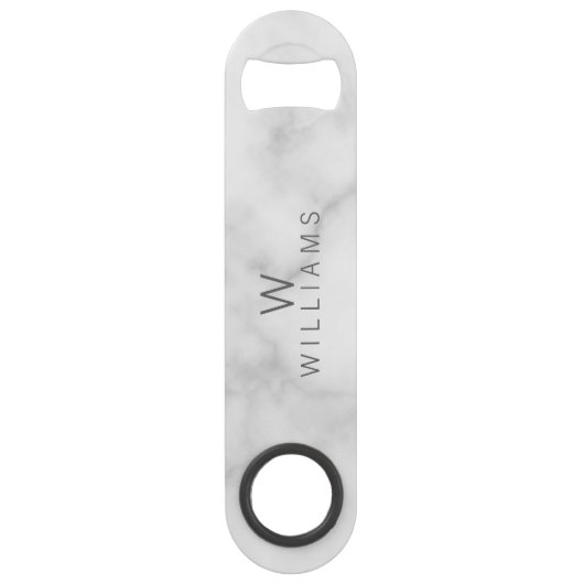Weißer Marmor mit Personalisiertem Monogramm und N Speed Flaschenöffner (Vorderseite)