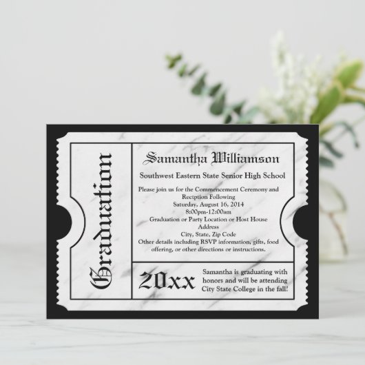 Weißer Marmor Moderner Abschluss Ticket Einladung (Stehend Vorderseite)