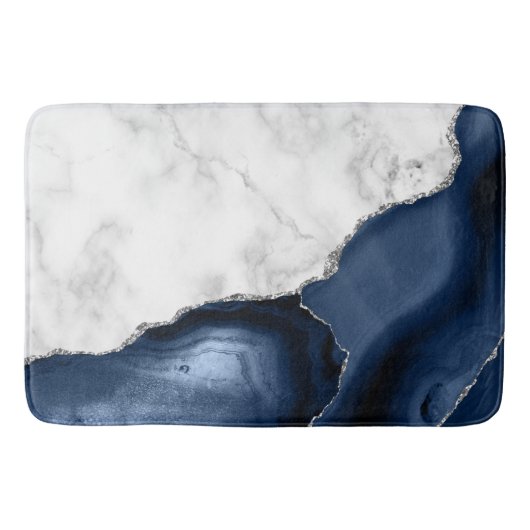 Weißer Marmor Navy Blue Agate Silver Glitzer Badematte (Vorderseite)