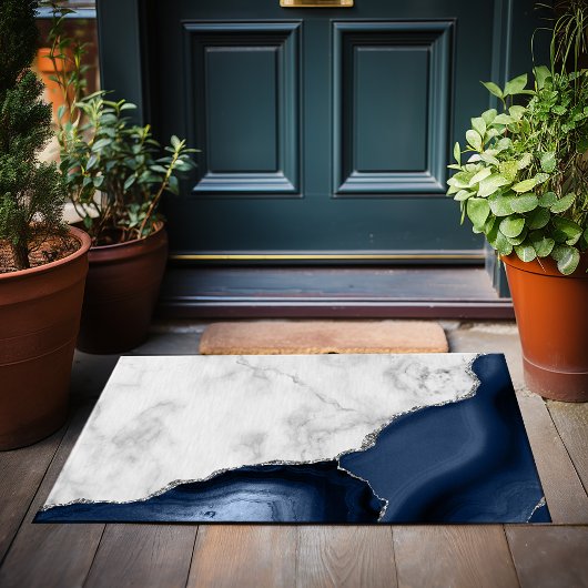Weißer Marmor Navy Blue Agate Silver Glitzer Fußmatte