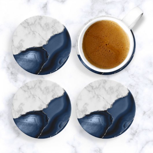 Weißer Marmor Navy Blue Agate Silver Glitzer Getränkeuntersetzer