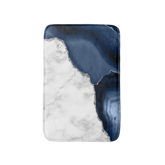 Weißer Marmor Navy Blue Agate Silver Glitzer Klein Badematte (Vorderseite Vertikal)