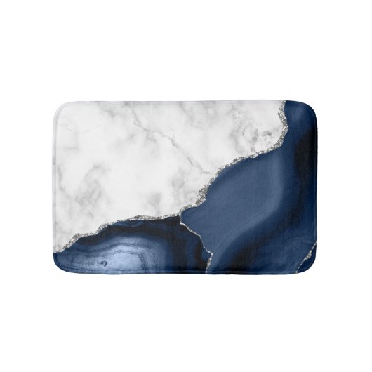 Weißer Marmor Navy Blue Agate Silver Glitzer Klein Badematte (Vorderseite)