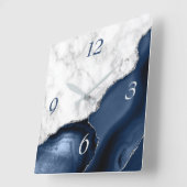 Weißer Marmor Navy Blue Agate Silver Glitzer Quadratische Wanduhr (Winkel)