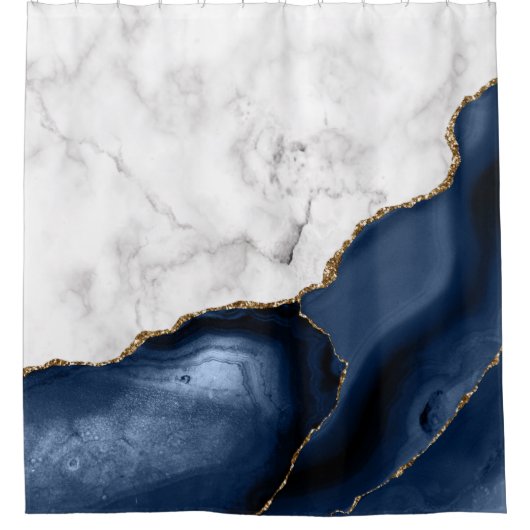 Weißer Marmor Navy Blue Gold Agate Duschvorhang (Vorderseite)