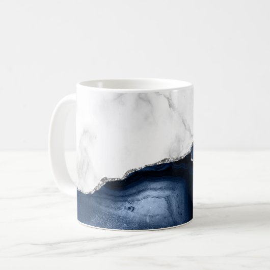 Weißer Marmor Navy Blue Silver Agate Kaffeetasse (Vorderseite Links)