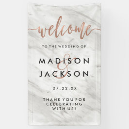 Weißer Marmor & Rose Gold Moderne Hochzeit Willkom Banner