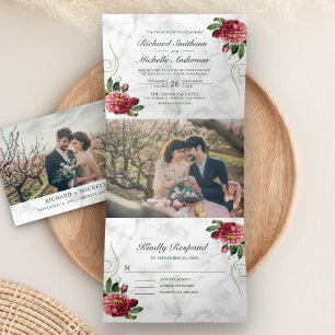 Weißer Marmor Rustikale Rosa Hydrangea Blumenzehen Dreifach Gefaltete Einladung