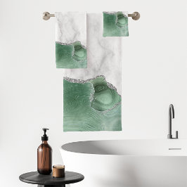 Weißer Marmor Sage Green Agate Silver Glitzer Badhandtuch Set
