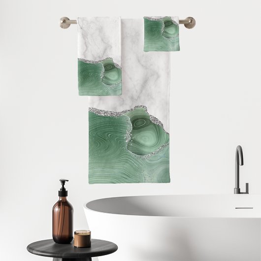 Weißer Marmor Sage Green Agate Silver Glitzer Badhandtuch Set