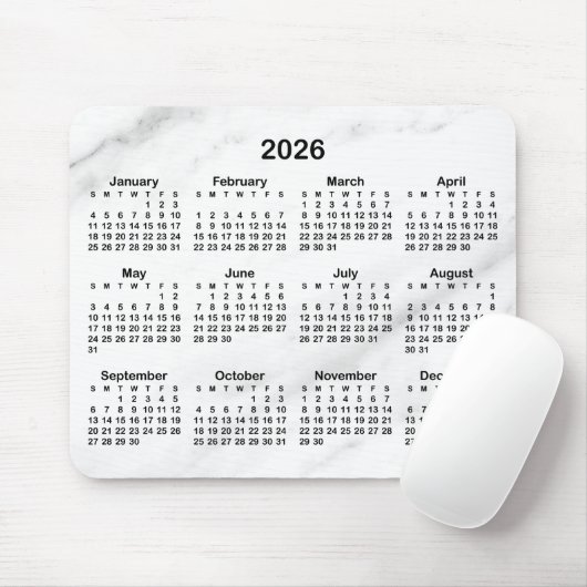 Weißer Marmor Schwarz 2026 Kalender Mousepad (Mit Mouse)