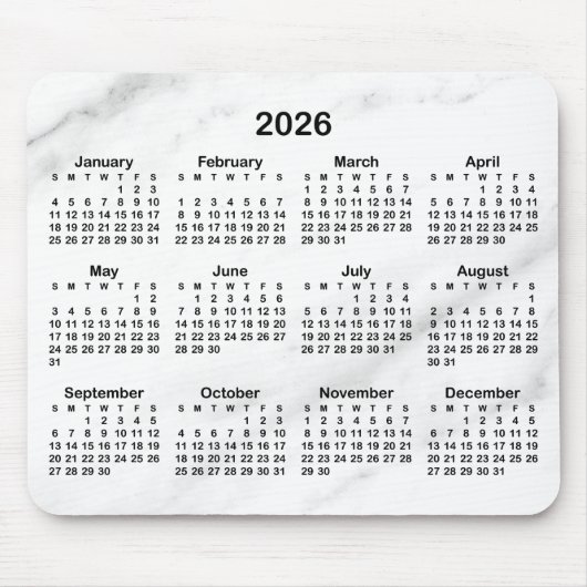 Weißer Marmor Schwarz 2026 Kalender Mousepad (Vorne)