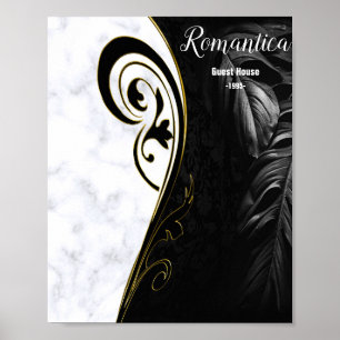 Weißer Marmor, Schwarz, Goldene Filigree Poster