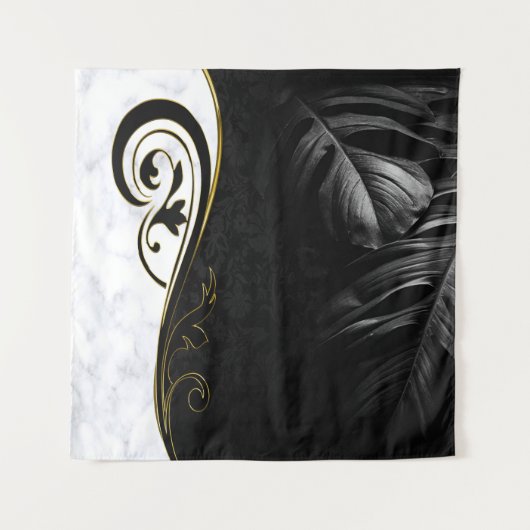 Weißer Marmor, Schwarz, Goldene Filigree Wandteppich (Vorderseite)