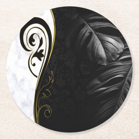 Weißer Marmor, schwarz, goldfarbener Fliesenboden Runder Pappuntersetzer (Vorderseite)