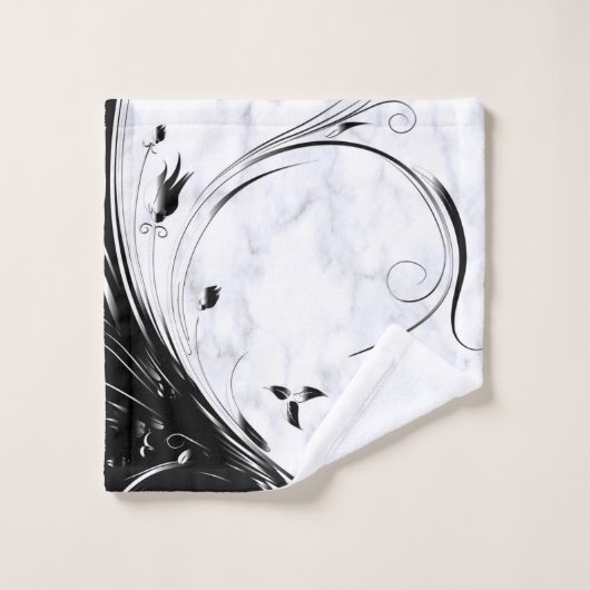 Weißer Marmor, schwarze Filigree Grafik Badhandtuch Set (Waschlappen)