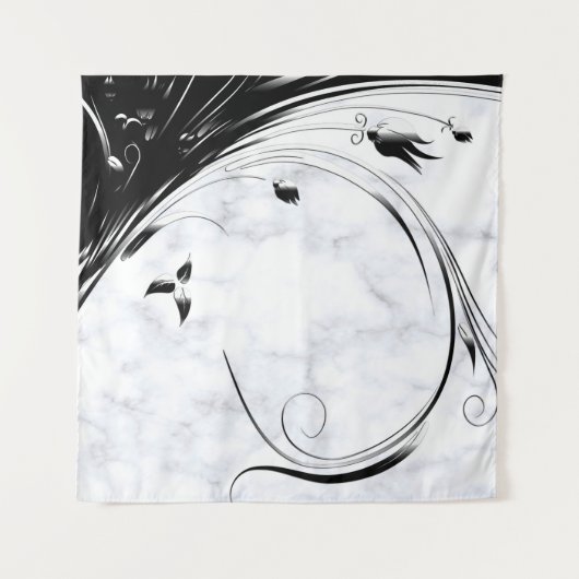 Weißer Marmor, schwarze Filigree Grafik Wandteppich (Vorderseite (Horizontal))