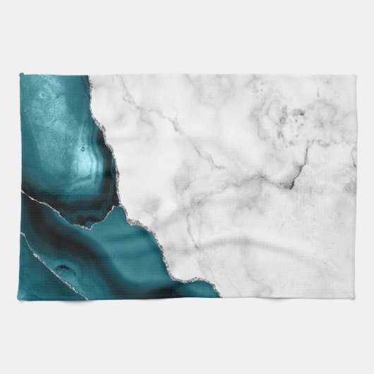 Weißer Marmor Silver Glitzer Aquamarin Blue Agate Geschirrtuch (Horizontal)
