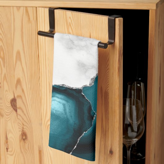 Weißer Marmor Silver Glitzer Aquamarin Blue Agate Geschirrtuch (Drittel gefaltet)