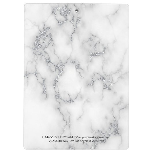 Weißer Marmor Silver Glitzer Klemmbrett (Rückseite)