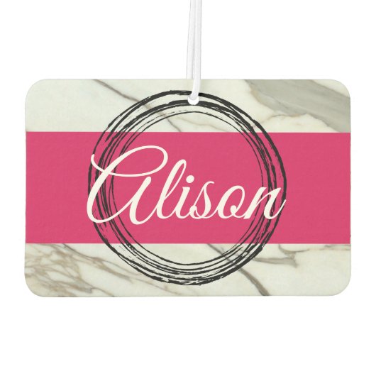 Weißer Marmor und Fuchsienrosa tragen den Namen. Autolufterfrischer (Rückseite)