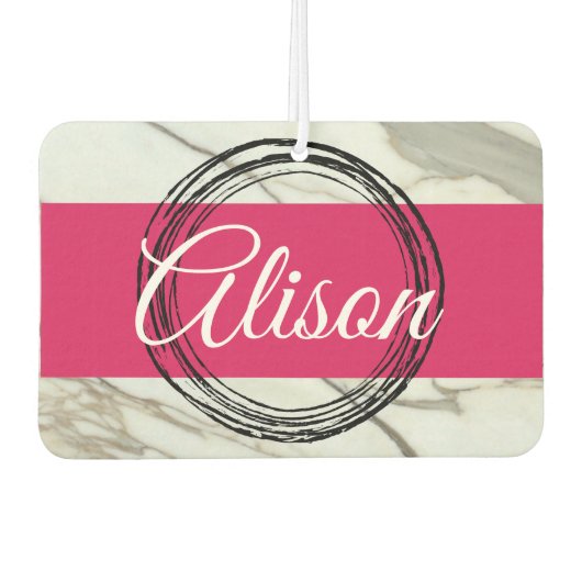 Weißer Marmor und Fuchsienrosa tragen den Namen. Autolufterfrischer (Vorderseite)