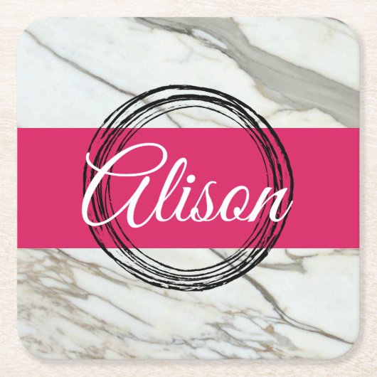 Weißer Marmor und Fuchsienrosa tragen den Namen. Rechteckiger Pappuntersetzer (Vorderseite)