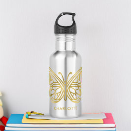 Weißer Marmor und geometrischer Schmetterling aus  Edelstahlflasche