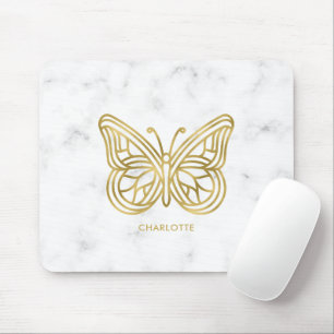 Weißer Marmor und geometrischer Schmetterling Mousepad