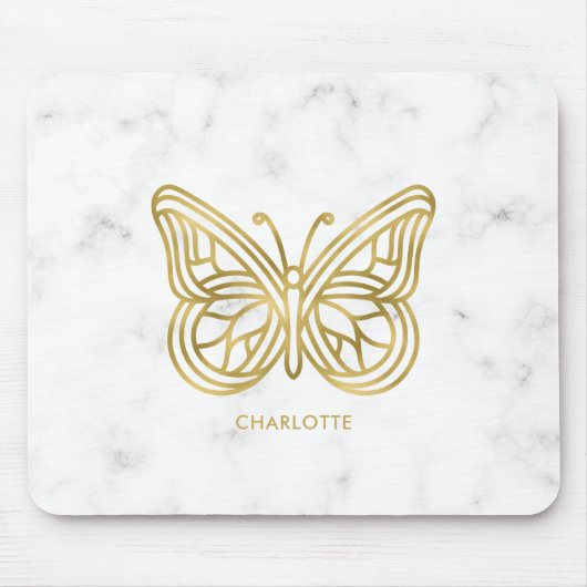 Weißer Marmor und geometrischer Schmetterling Mousepad (Vorne)