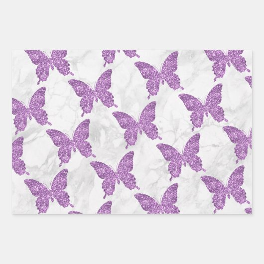 Weißer Marmor und Lila Glitzer Schmetterlinge Geschenkpapier Set (Vorderseite)
