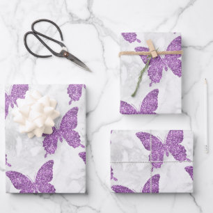 Weißer Marmor und Lila Glitzer Schmetterlinge Geschenkpapier Set