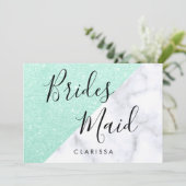 Weißer Marmor und Minzgrün Glitzer Einladung (Stehend Vorderseite)