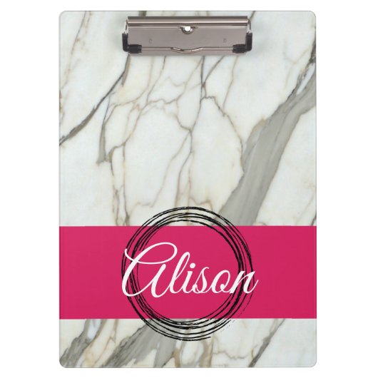 Weißer Marmor und rosa fuchsienfarbener individuel Klemmbrett (Vorderseite)