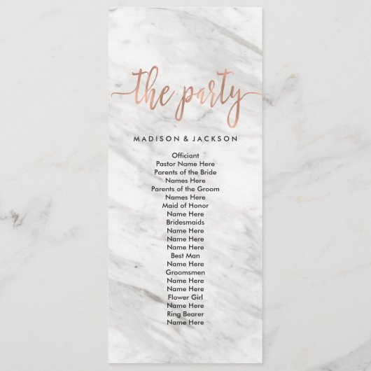 Weißer Marmor und Rose Gold Hochzeitsprogramm Programm (Rückseite)