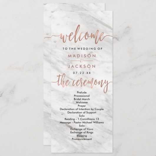 Weißer Marmor und Rose Gold Hochzeitsprogramm Programm (Vorne/Hinten)