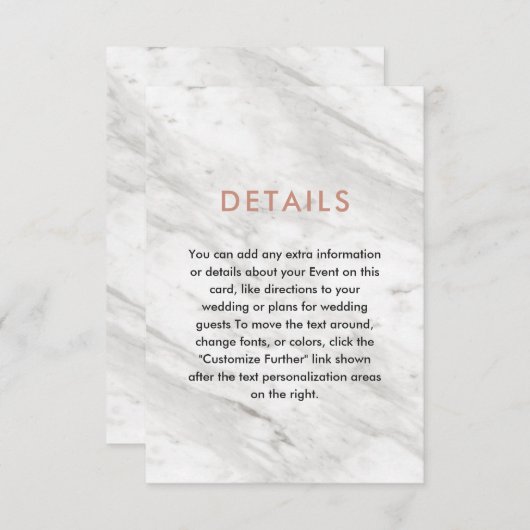Weißer Marmor und Rose Gold Moderne Hochzeitsdetai Begleitkarte (Vorne/Hinten)