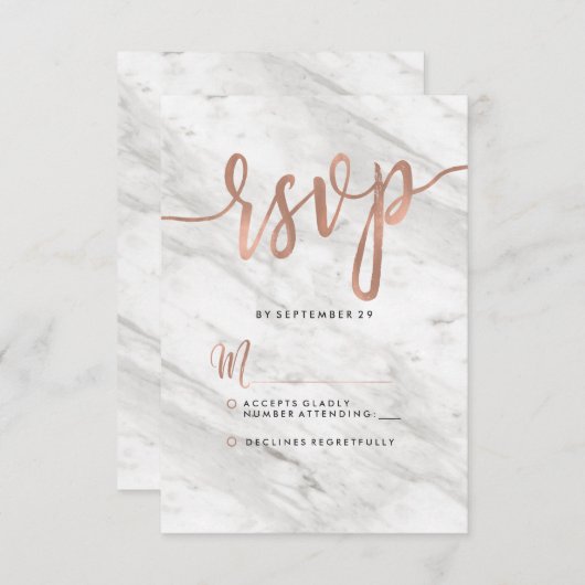 Weißer Marmor und Rose Gold Moderne Hochzeitsreise RSVP Karte (Vorne/Hinten)