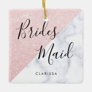 Weißer Marmor und Rose Goldmedaille Glitzer Brides Keramikornament