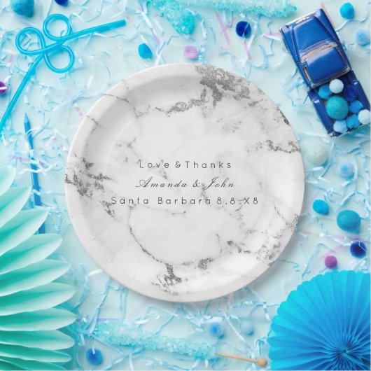 Weißer Marmorstein Carrara Grau Silber Minimaler Pappteller (Party)