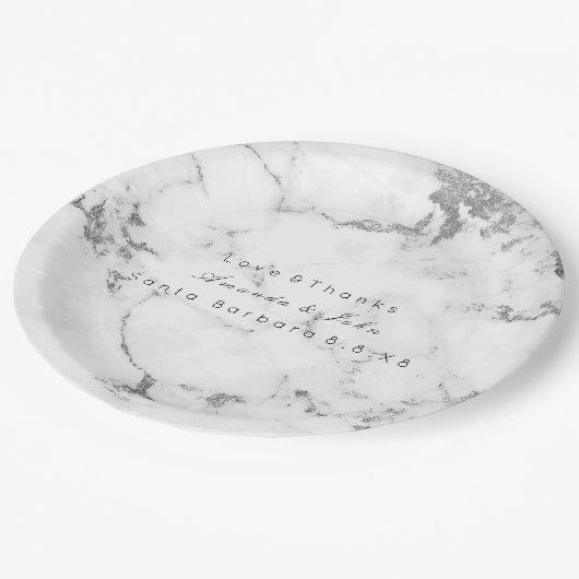 Weißer Marmorstein Carrara Grau Silber Minimaler Pappteller (Schrägansicht)