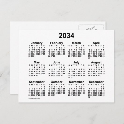 Weißer Mini-Kalender 2034 von Janz Postkarte (Vorne/Hinten)