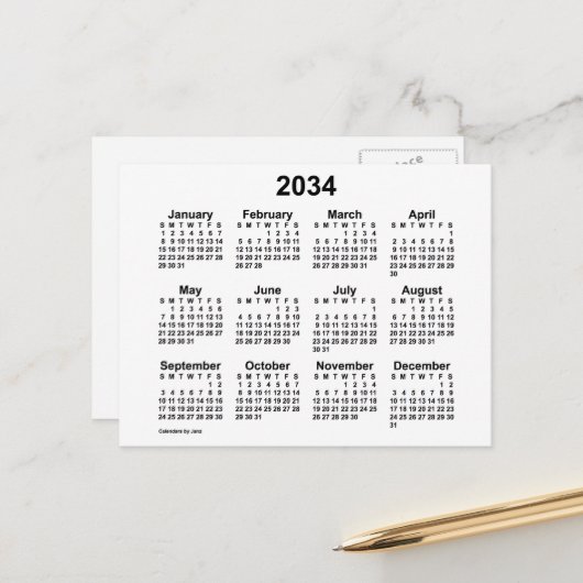 Weißer Mini-Kalender 2034 von Janz Postkarte (Vorderseite/Rückseite Beispiel)