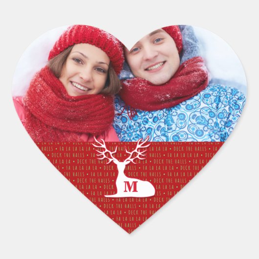 Weißer Mit Monogramm Rentier mit Foto Herz-Aufkleber (Vorderseite)
