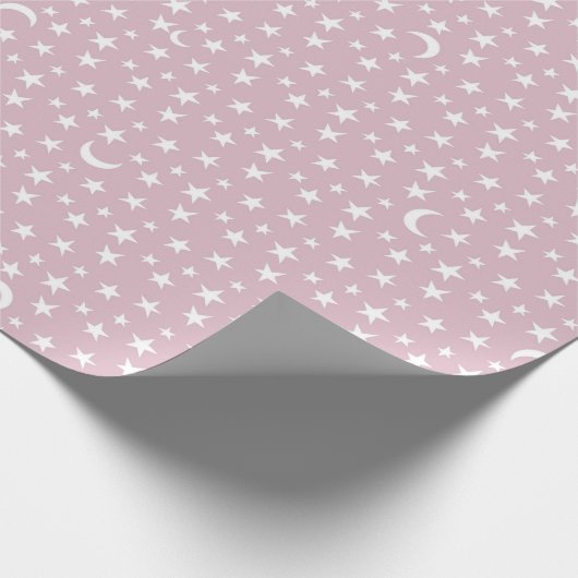 Weißer Mond und Sterne mit rosa Hintergrund Geschenkpapier (Ecke)